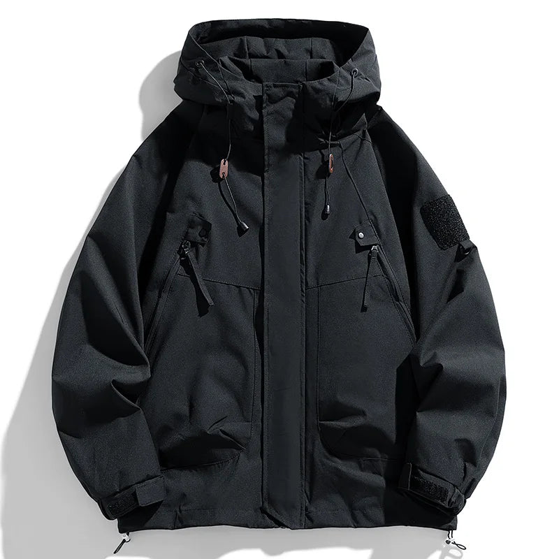 Jaqueta Corta-Vento Masculina com Capuz Zíper Casaco Cargo Impermeável Preta Bomber Acampamento Solta Fina Softshell Jaqueta com Capuz para Caminhada