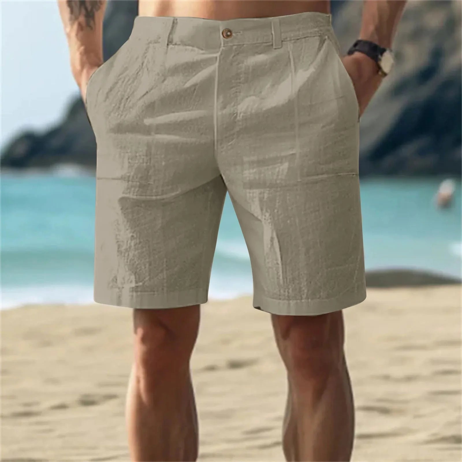 Calças Masculinas de Linho com Cor Sólida Casuais para Praia, Respiráveis, Confortáveis e Retas, Curtas, Estilo Havaiano para Férias de 2025