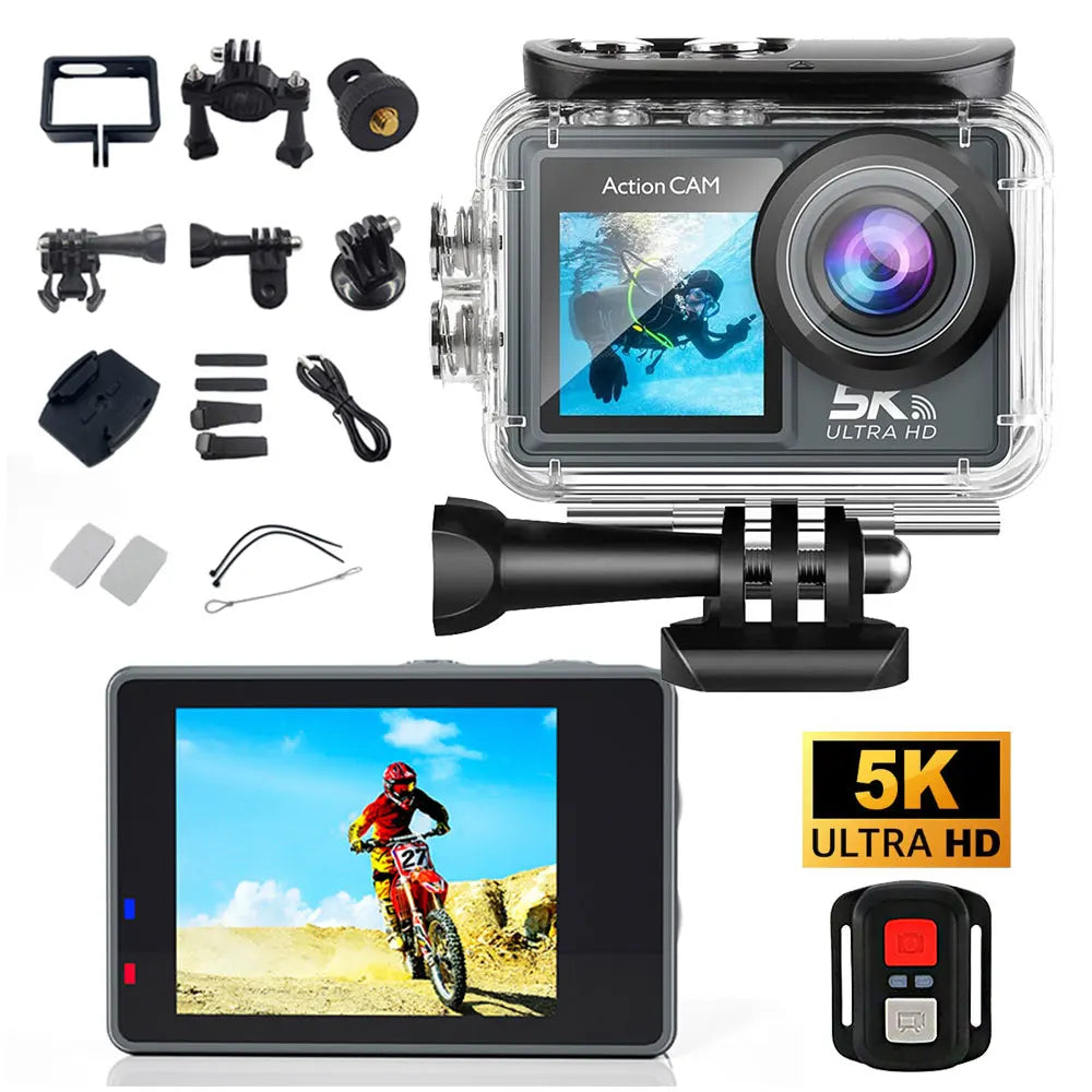 Câmera de Ação 5K Pro Câmera Esportiva com Wi-Fi, EIS e Controle Remoto HD 1080P 60FPS para Bicicleta Motocicleta Capacete e Gravação de Vídeo