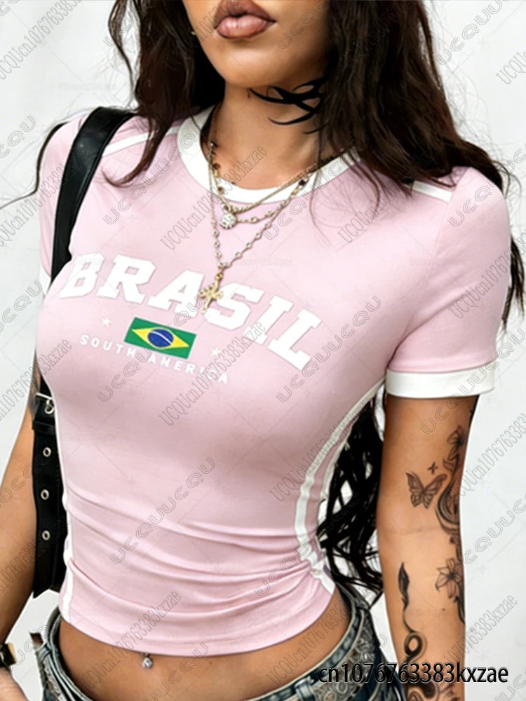 Blusa Cropped Estética Artística BRASIL com Estampa de Letras para Mulheres Vintage Street Sexy Manga Curta Camisetas Estudantis Verão Cropped Top Roupas Y2k