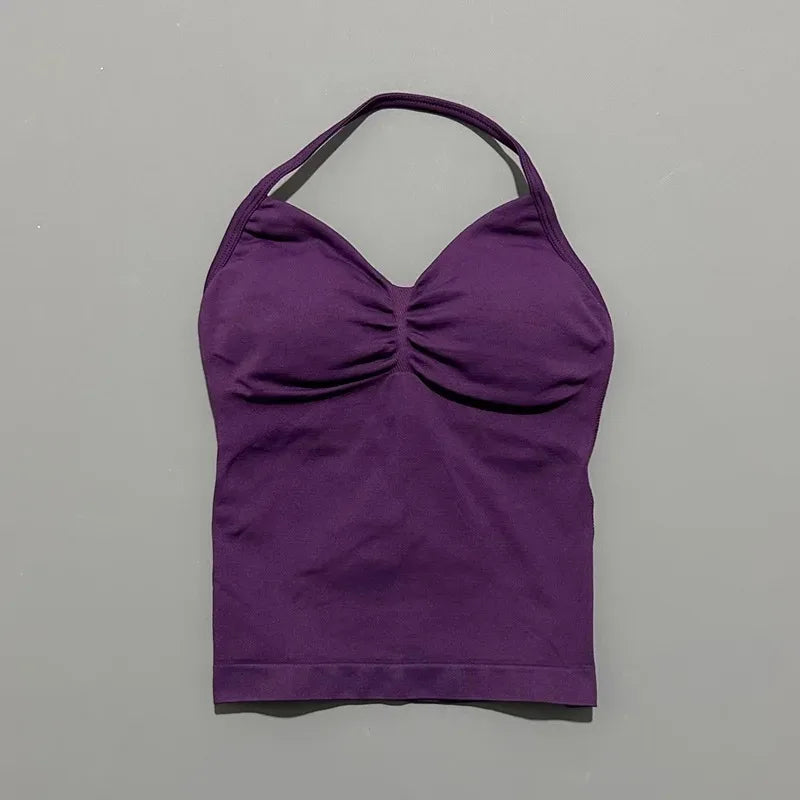 Conjuntos de Academia Femininos 2 Peças Impacto Sem Costura Fitness Yoga Roupa Esportiva Halter Top Shorts Roupa de Treino Corrida Roupa de Academia