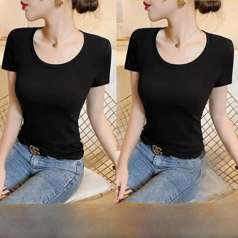 Summer Womens Slim Fit Short Sleeve T Shirt Half Sleeve Base Shirt Versatile Base Layer Top Quality Polyester Fiber Commute - M V white + v white [2-pack]