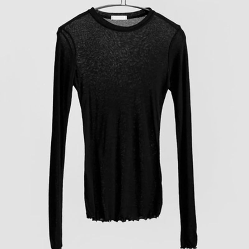 High Quality Plain T Shirt Women Cotton Elastic Basic T Shirts Female Casual Tops Long Sleeve Sexy Thin T Shirt See Through - GRAY L