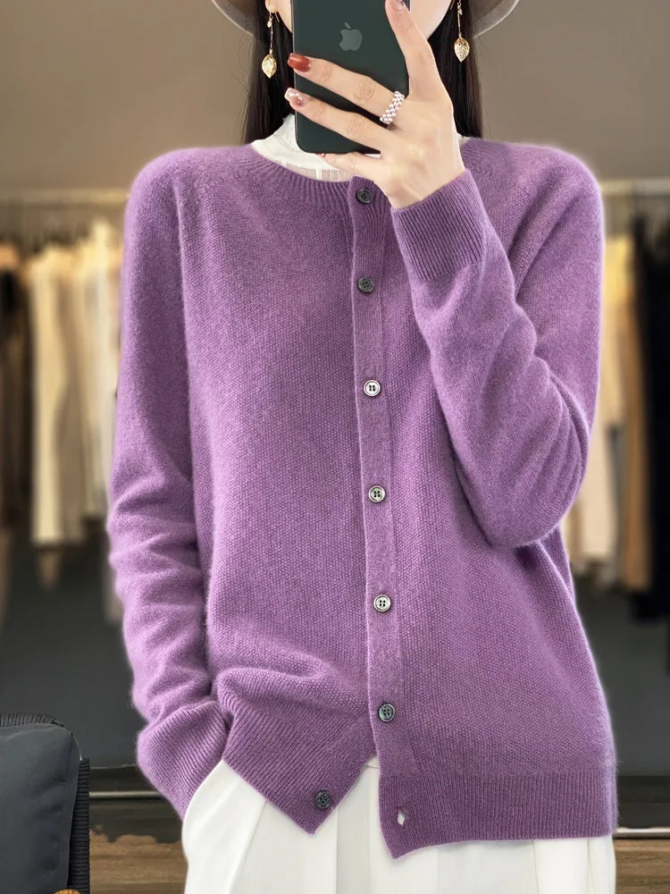 Long Sleeve 100 Merino Wool Sweaters Spring Autumn Women O Neck Knitwear Tops Clothing Fashion Basic Tops - SKY BLUE M