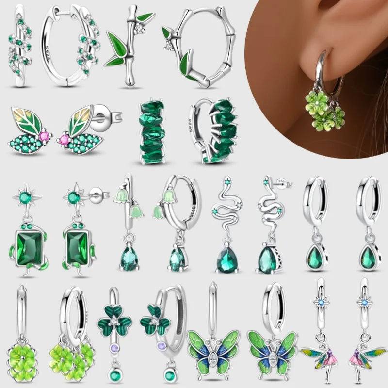 Brinco de Prata 925 Série Verde Trevo da Sorte, Incrustado em Pedra, Adequado para Presentes de Casamento Feminino, Noivado, Festa de Aniversário