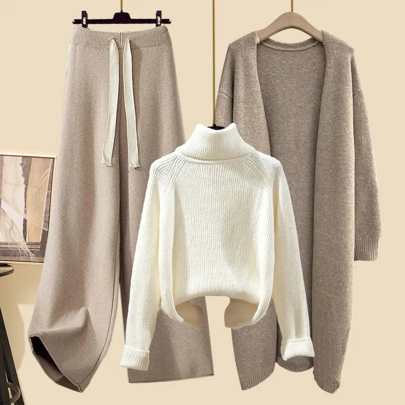 Conjunto Feminino de Tricô Moda Três Peças Outono Novo Estilo Preguiçoso Cardigã Aberto Calças Wide Leg Slim