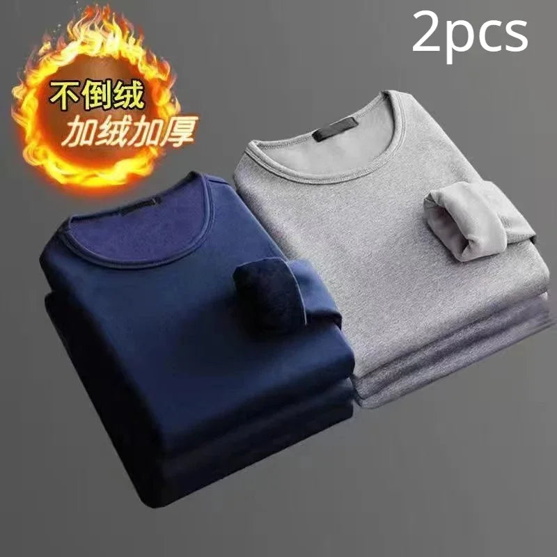2 Peças Cueca Masculina Inverno Camiseta Térmica de Manga Comprida Acolchoada de Veludo Gola Redonda Cor Sólida Blusa de Baixo Fina