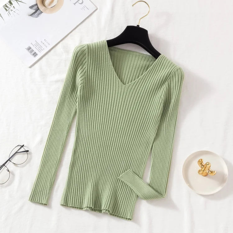 Outono Inverno Mulheres Suéteres Casuais Manga Longa Tricô Gola V Pulôver Suéter Feminino Básico Sólido Jersey Tops Roupas da Moda