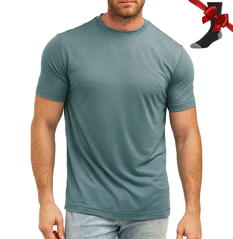 Camiseta Masculina 100% Lã Merino Super Fina Camada Base de Lã Merino que Absorve a Umidade Respirável de Secagem Rápida Antiodor + Meias de Lã Merino