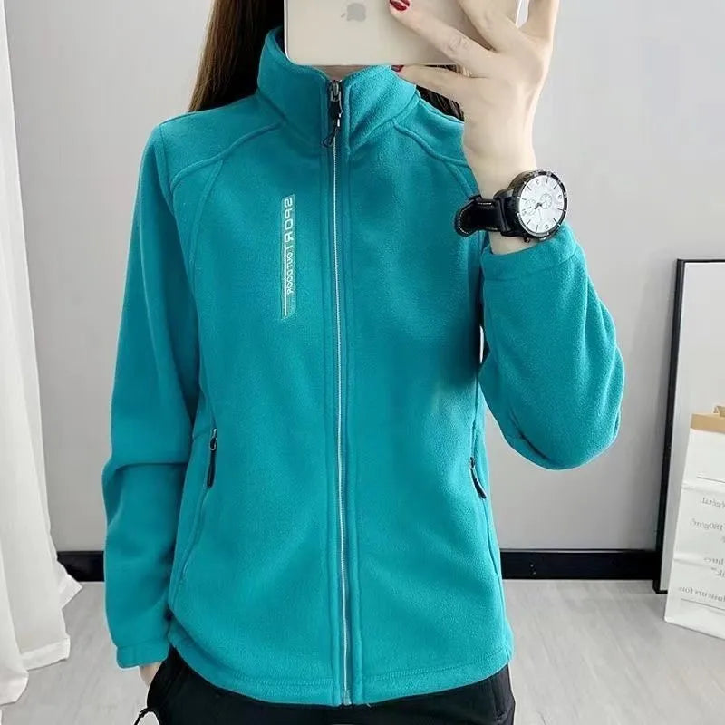 Jaqueta Feminina de Outono Inverno de Lã Grossa para Esportes ao Ar Livre Gola Alta Cardigã de Moletom Suave Pelúcia Quente