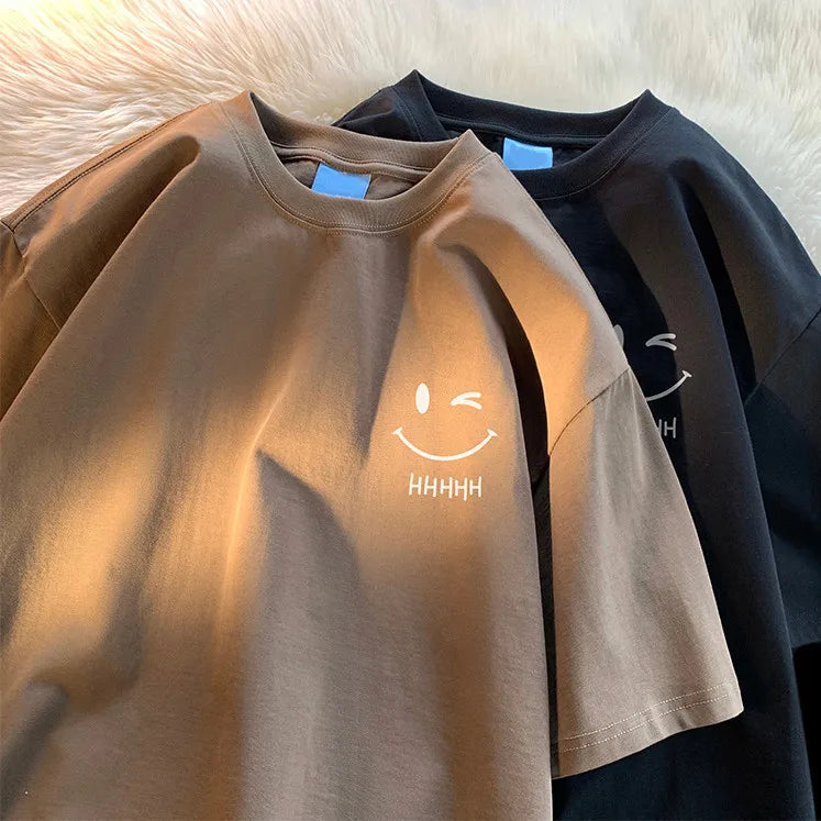 Men Womens Smiling Face Funny Fashion Couple Short Sleeved T Shirt American Basic Simple Oversized Loose Boys Pullover Top - Apricot L