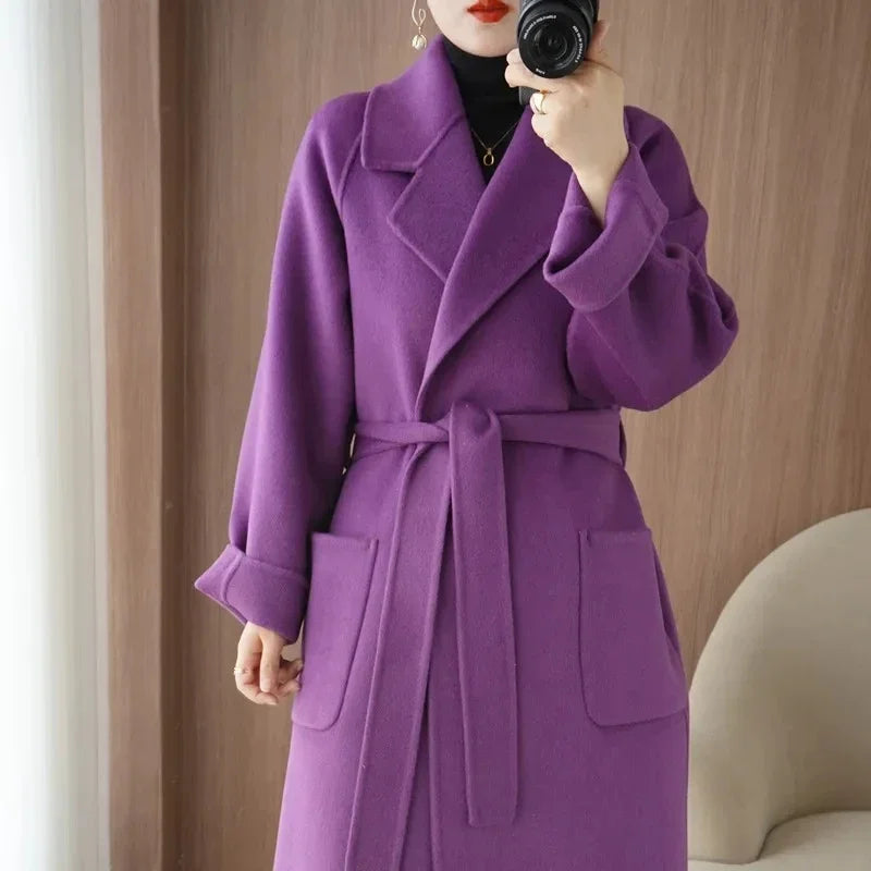 Sobretudo 100% Lã Feminino 2026 Moda Outono/Inverno Temperamento Casacos de Cashmere Dupla Face com Cinto Sobretudo Longo Elegante