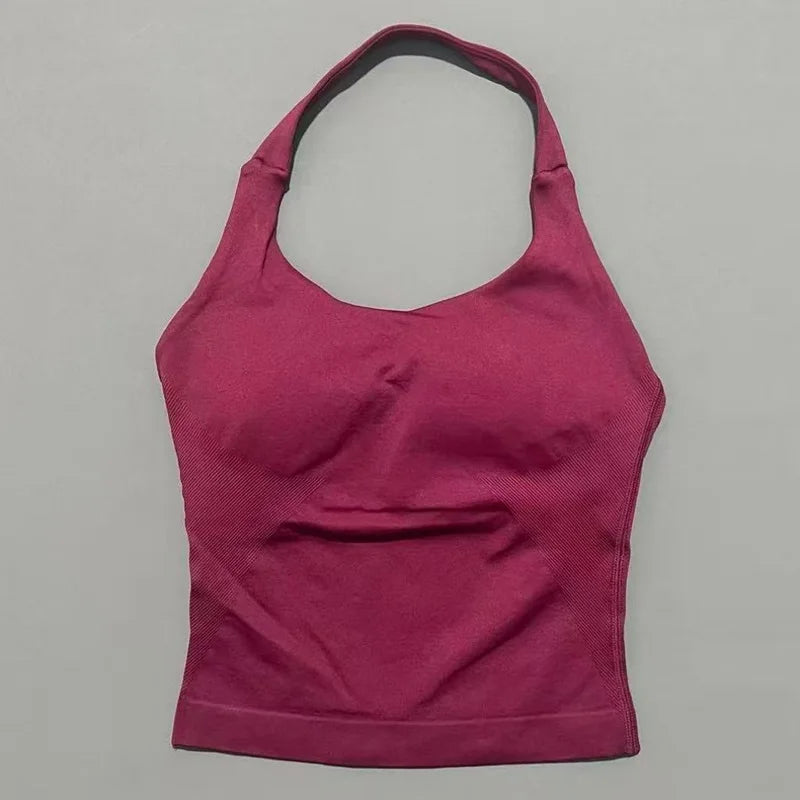 Regata Esportiva Feminina para Academia Sem Costura Yoga com Bojo Removível Top Esportivo Push-up Fitness Treino Corrida
