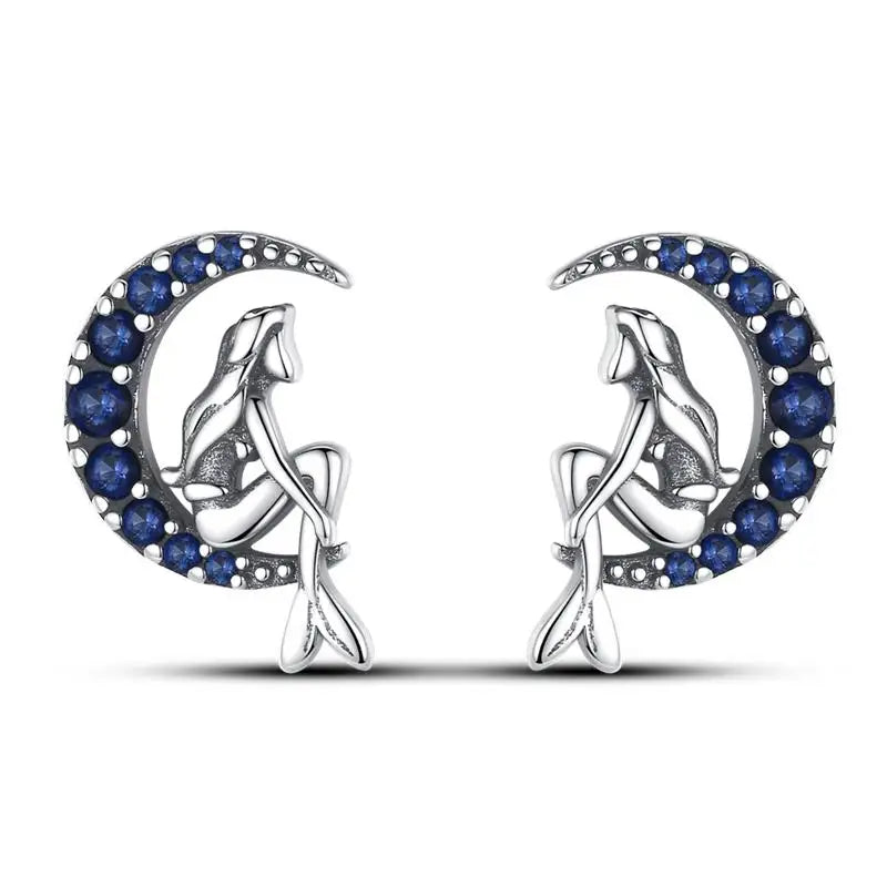 Brinco Feminino de Prata Esterlina 925 com Charm da Série Céu Estrelado Lua Universo Zircônia Brilhante Azul Joia para Uso Diário
