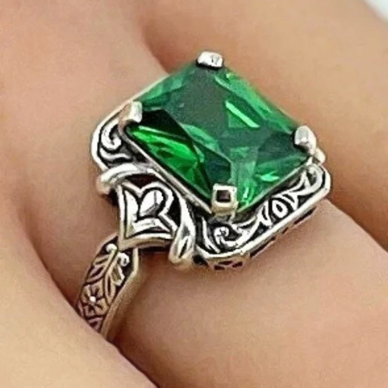Anéis femininos Huitan quadrados elegantes de zircônia cúbica verde, anéis femininos vintage cor anti-prata para festa de aniversário, joia de luxo