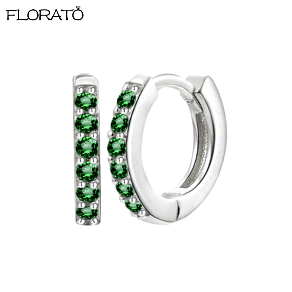 Brincos de Argola Pequenos de Prata 925 com Agulha de Cristal de 9mm para Mulheres Brincos Huggie Minimalistas Brincos de Piercing com Zircônia Colorida Joias