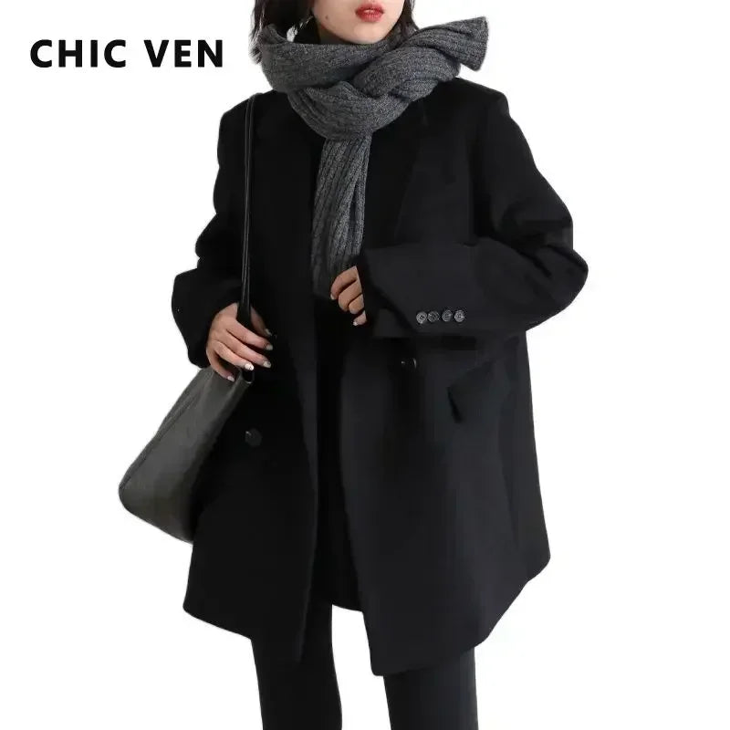 Chic Ven Casaco Feminino de Lã Mesclada Liso Médio Longo Blazer de Lã Grosso Quente Blusa Sobretudo Feminino Tops de Escritório Outono Inverno - Preto XG