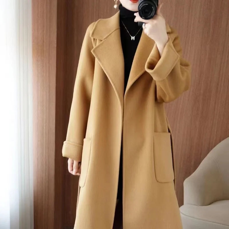 2024 Moda Feminina Casaco 100% Lã Outono/Inverno Elegante Casaco de Caxemira Dupla Face com Cinto Longo