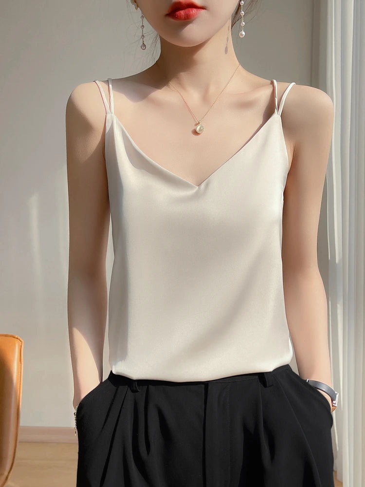 2026 Alça Fina Regata Feminina Frente Única Gola V Básico Branco Camisa Sem Mangas Cetim Seda Blusas Femininas Verão Camisola Cropped Top - preto P