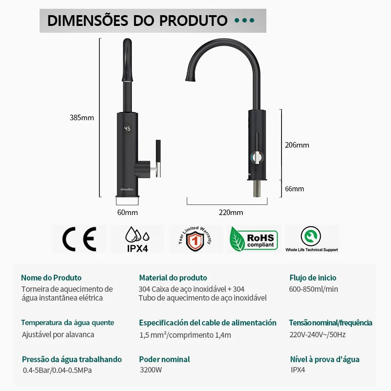 Aquecedor Elétrico de Água Briwellna 220V Aquecedor de Fluxo Torneira de Cozinha 2 em 1 Torneira Aquecimento de Água Sem Tanque Misturador Elétrico Geyser