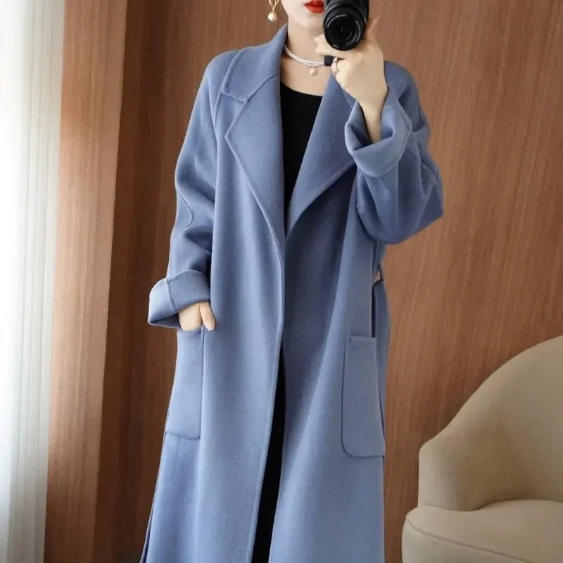 Sobretudo 100% Lã Feminino 2026 Moda Outono/Inverno Temperamento Casacos de Cashmere Dupla Face com Cinto Sobretudo Longo Elegante
