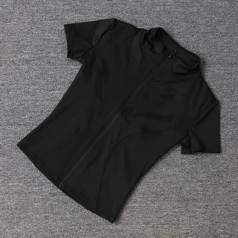 Verão de Alta Qualidade Modelador de Cintura Tops de Treino Feminino de Secagem Rápida Justo Gola Alta Zíper Completo Manga Curta Camisas de Yoga