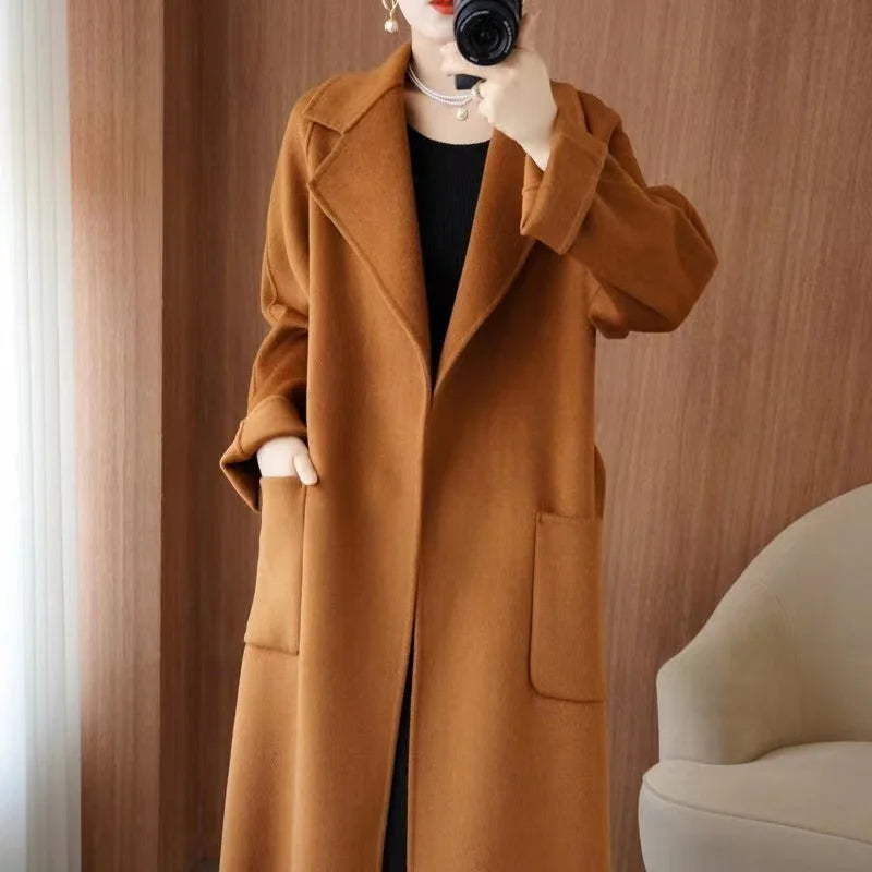 2024 Moda Feminina Casaco 100% Lã Outono/Inverno Elegante Casaco de Caxemira Dupla Face com Cinto Longo
