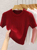Camisetas de verão 2026 femininas casuais coreanas de malha streetwear tees básicas sólidas jovens blusas frescas - Vermelho Tamanho Único