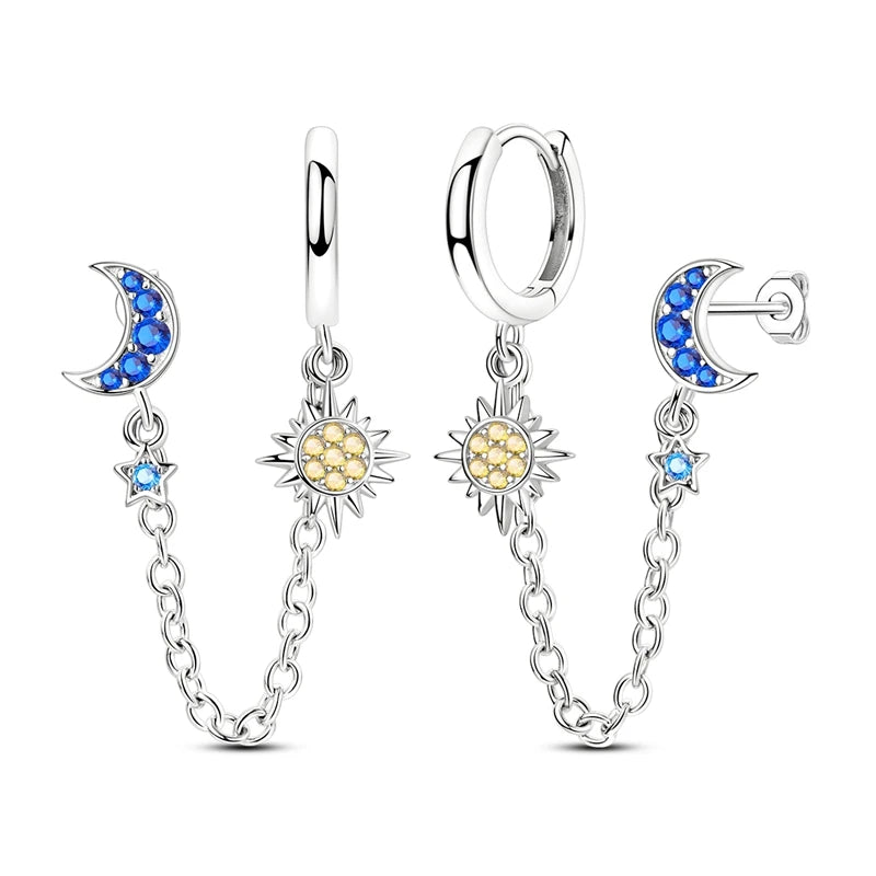 Star Moon Sun Hoop Earrings 925 Sterling Silver Original Star Shining Zircon Tassel Long Earrings For Women Luxury Jewelry Gift