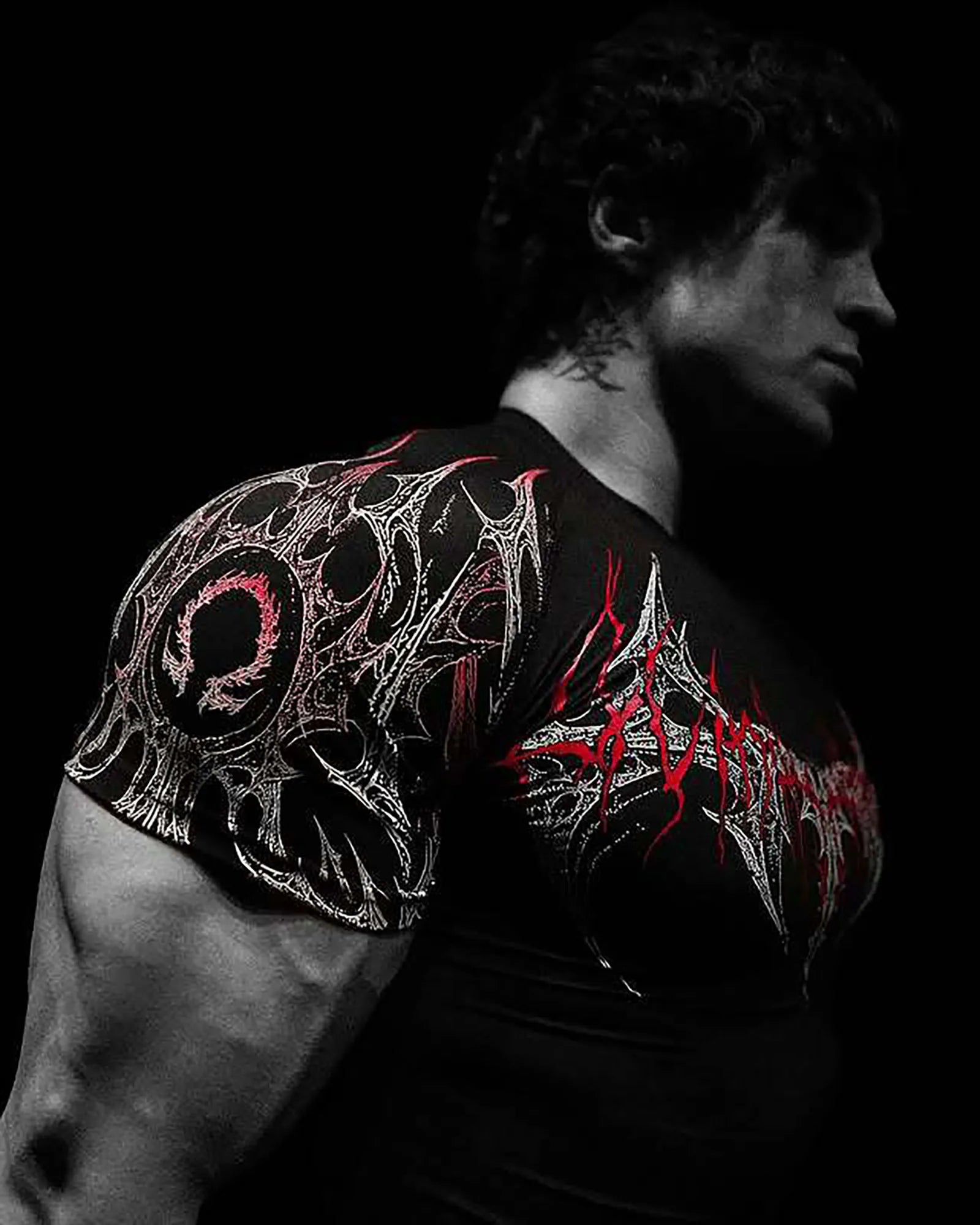 Men's Gothic Print Muscle Tee High Elasticity Quick-Dry Bodybuilding Training T-Shirt