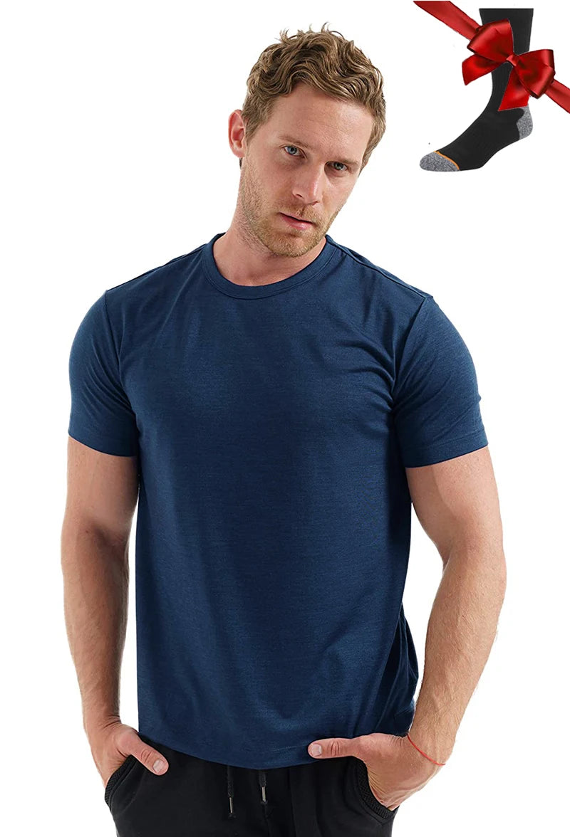 Camiseta Masculina 100% Lã Merino Super Fina Camada Base de Lã Merino que Absorve a Umidade Respirável de Secagem Rápida Antiodor + Meias de Lã Merino