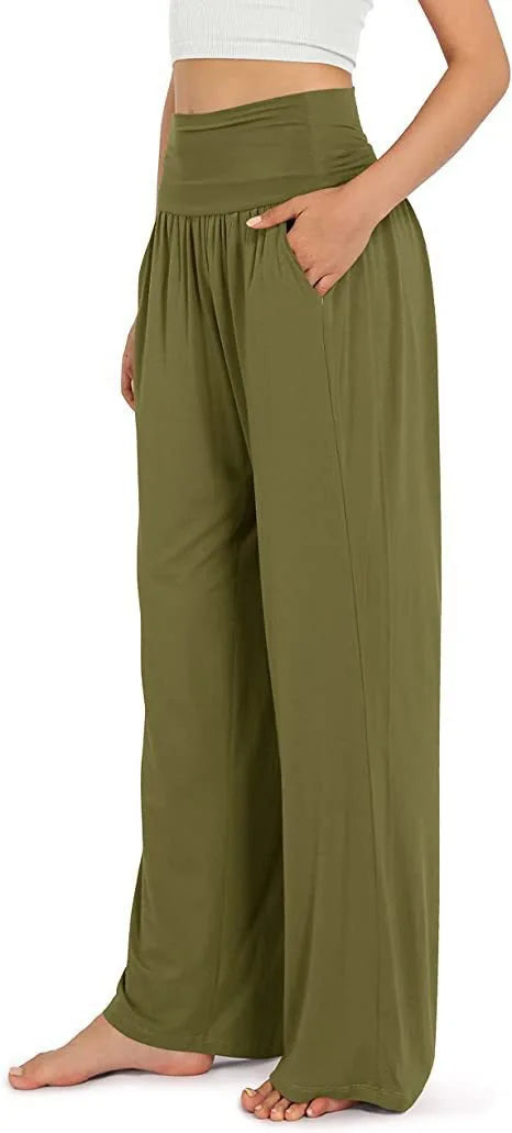 Calça Feminina Casual de Cintura Alta com Perna Larga para Yoga, Macia, com Bolsos