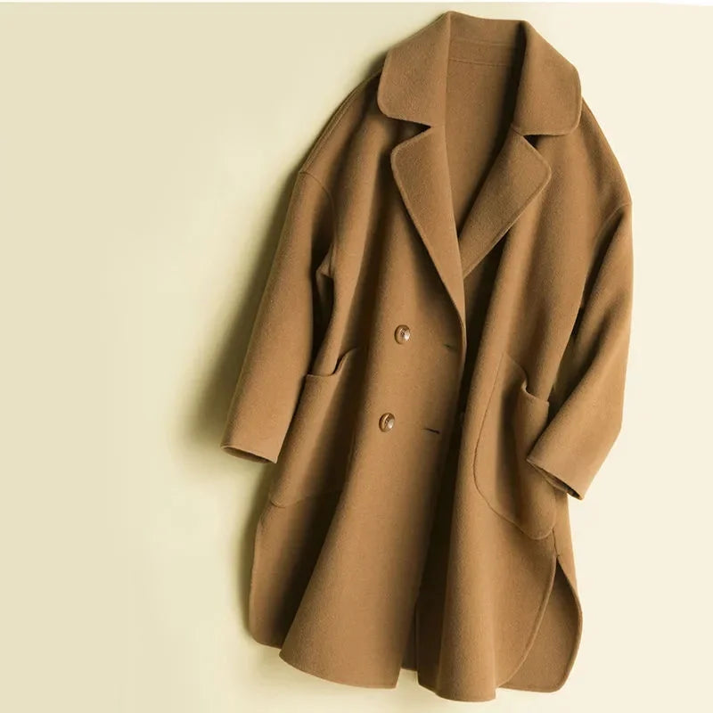 Inverno Coreano Feito à Mão Duplo Abotoamento Longo Casaco Feminino 100% Lã Casual Solto Cinto de Amarrar Sobretudo de Lã Oversized