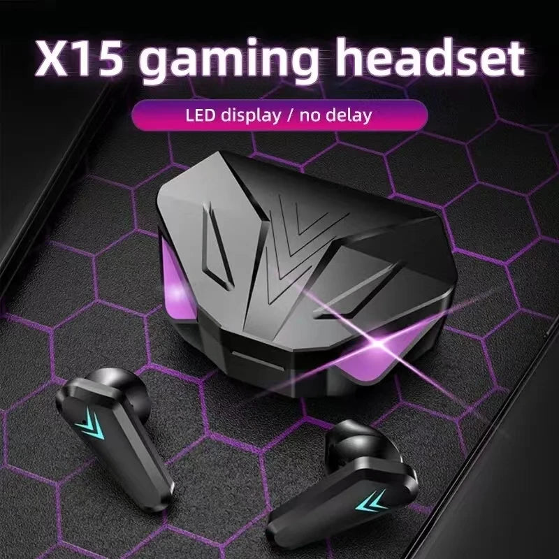 Fones de ouvido TWS Bluetooth sem fio com tela LED para jogos, fones de ouvido com microfone, fones de ouvido sem fio com cancelamento de ruído, fones de ouvido Bluetooth X15