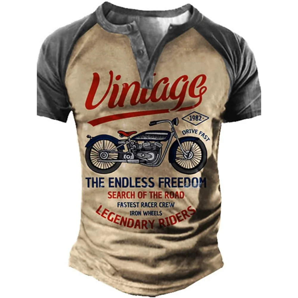 Motorcycle Impressão 3D Vintage Henley Camisas Masculinas Casuais Moda Streetwear Superdimensionada Camiseta Manga Curta Masculina Tops Roupas