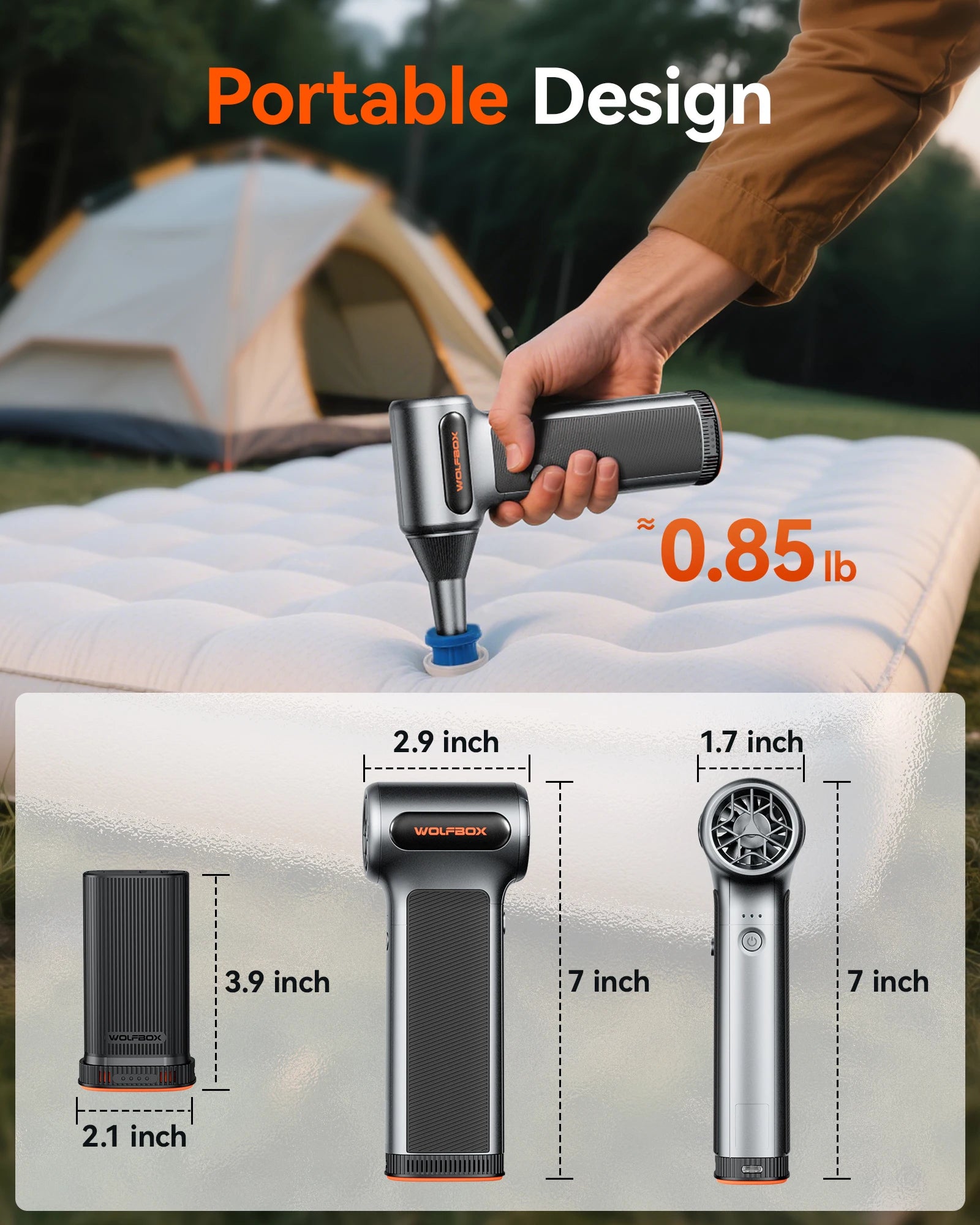 WOLFBOX MF200 Espanador de Ar Elétrico Soprador de Ar - Pressão do Vento de 320g, Motor sem Escovas Recarregável de 3 Velocidades para Carro/PC/Casa/Exterior