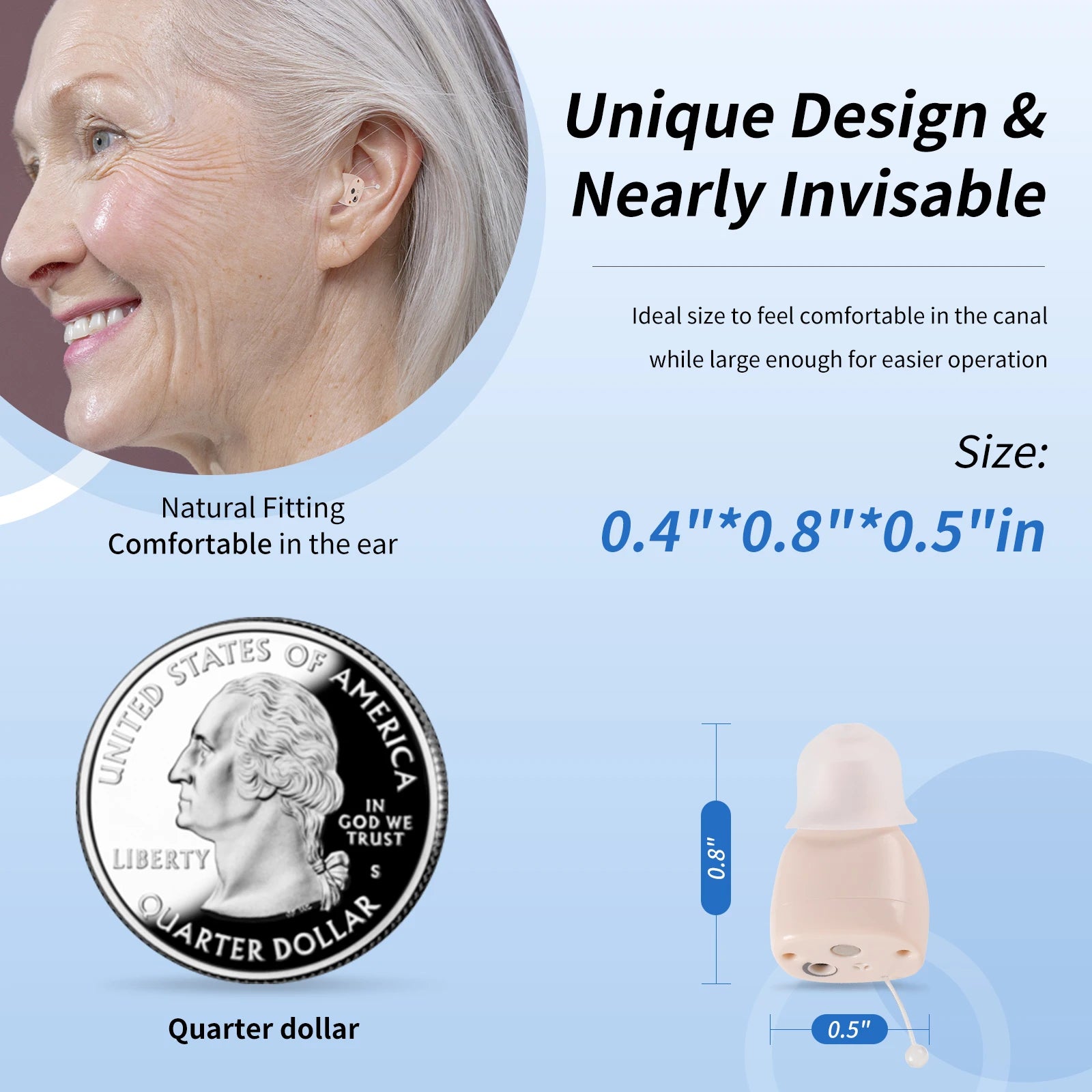 hearing earbuds amplifier, equipped with a USB charging dock, with adjustable volume, adult use as a hearing earphones aids.