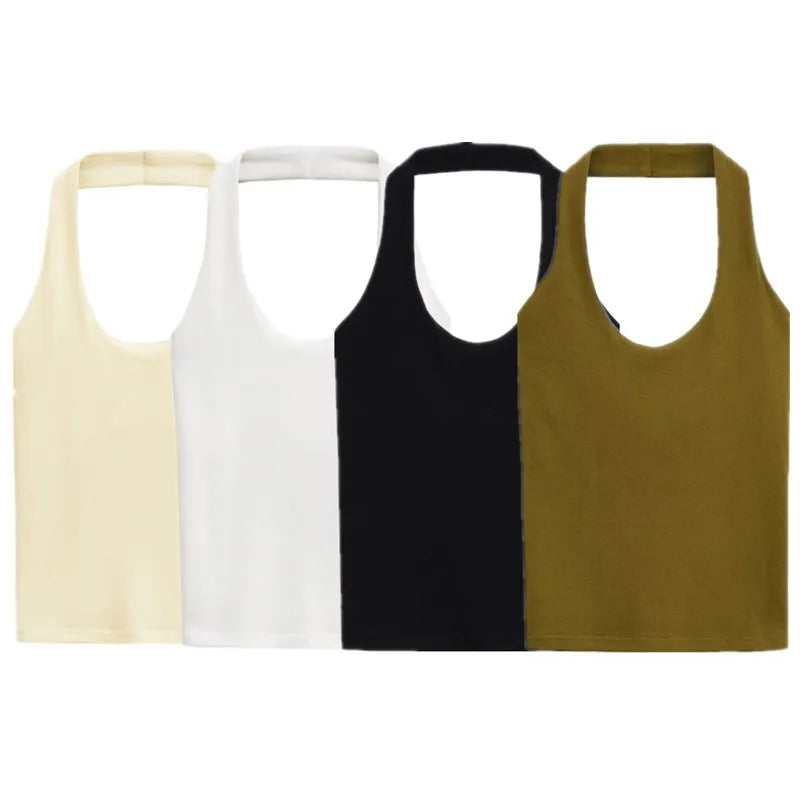 Verão Novo Moda Feminina Slim Fit Sem Costas Básico Versátil Top Gola Halter 4424308 Estilo Casual Curto - P Amarelo