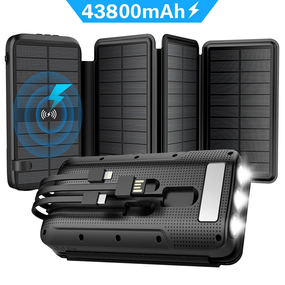 Solar Power Bank 43800mAh Wireless Charger 4 Solar Panels LED Light