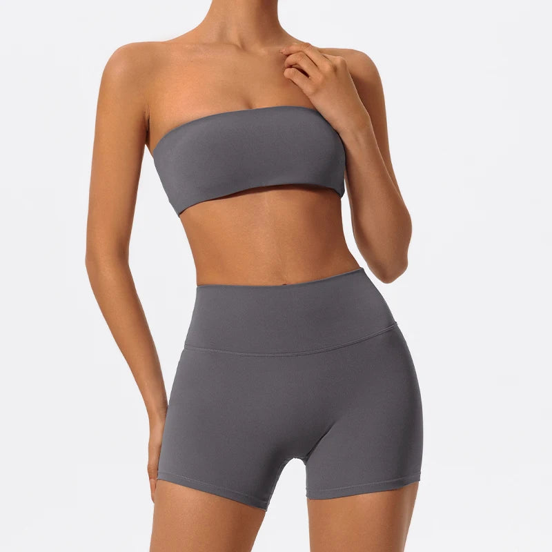 Conjunto Fitness Duas Peças Verão Esportivo Feminino Roupa de Treino Yoga Sutiã Tomara que Caia Feminino 2 Peças Top Curto para Academia Esportivos Mujer Conjuntos de Ginástica