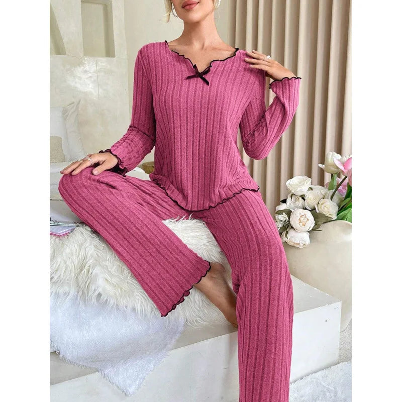 2026 New Women Ribbed Loungewear Set Black Edge Trim Casual Home Wear Soft Comfortable Two Piece Outfit European American Style