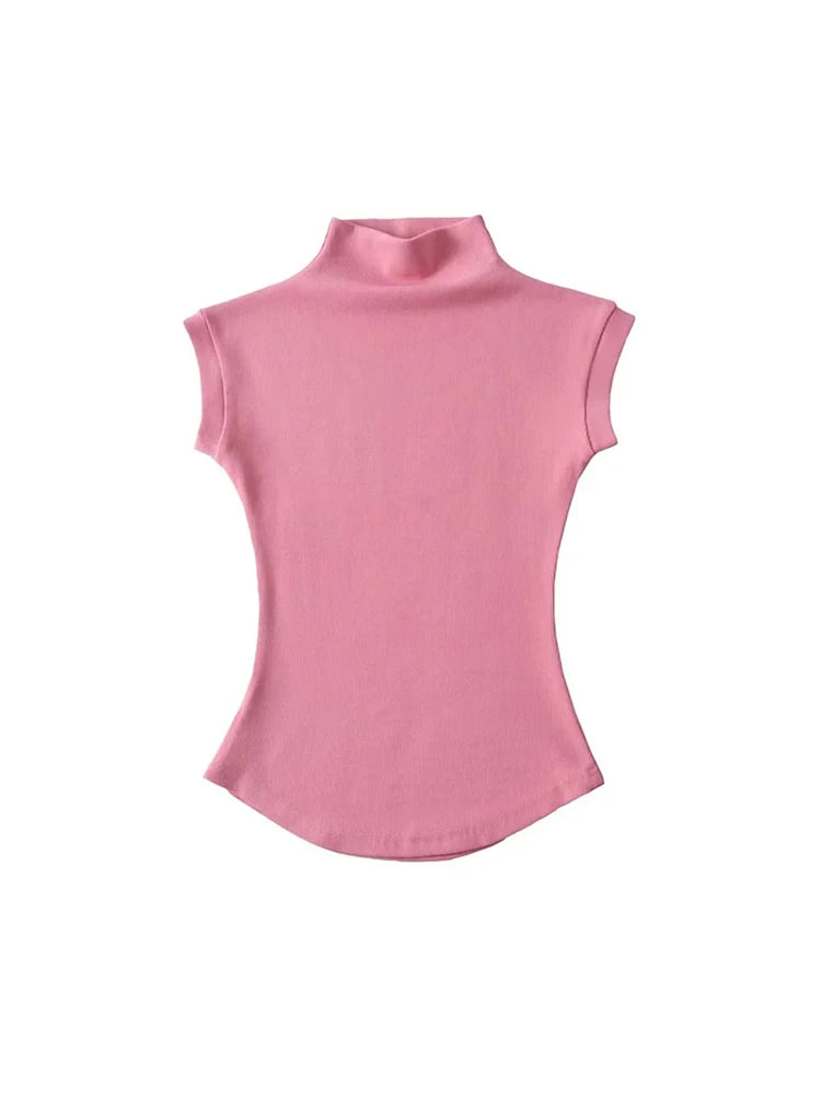Mulheres Verão Sexy Gola Alta Regata Blusas Sólida Slim Fit Pulôver Casual Camisetas Femininas Streetwear Básicas - preto L