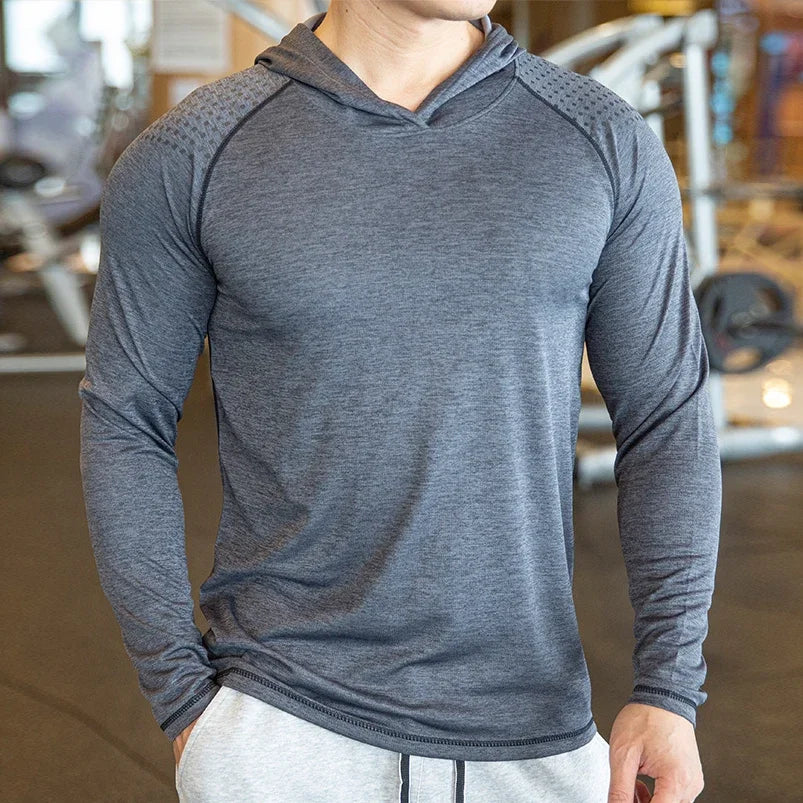Camiseta Masculina de Outono para Academia Manga Longa Casual Slim Fit Elástica Esportiva Fitness Respirável Secagem Rápida com Capuz