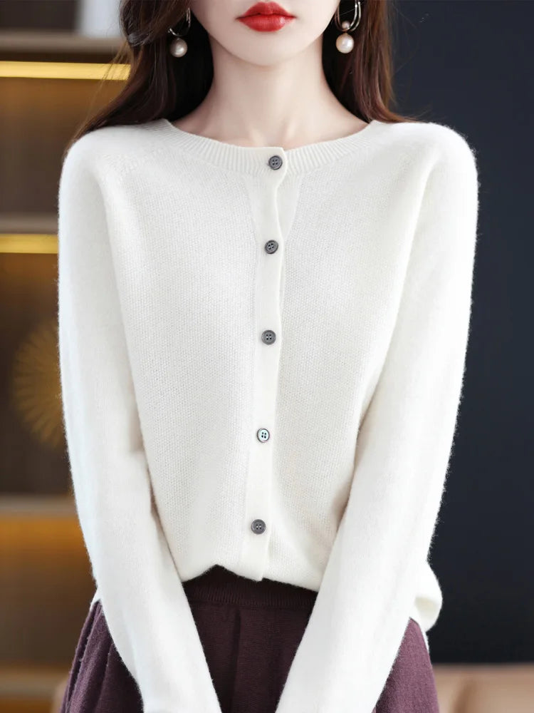 Suéter Feminino de Cashmere 100% Lã Merino Cardigã de Malha Outono Inverno Malharia Gola Redonda Feminina Cor Sólida Casual Top de Moda