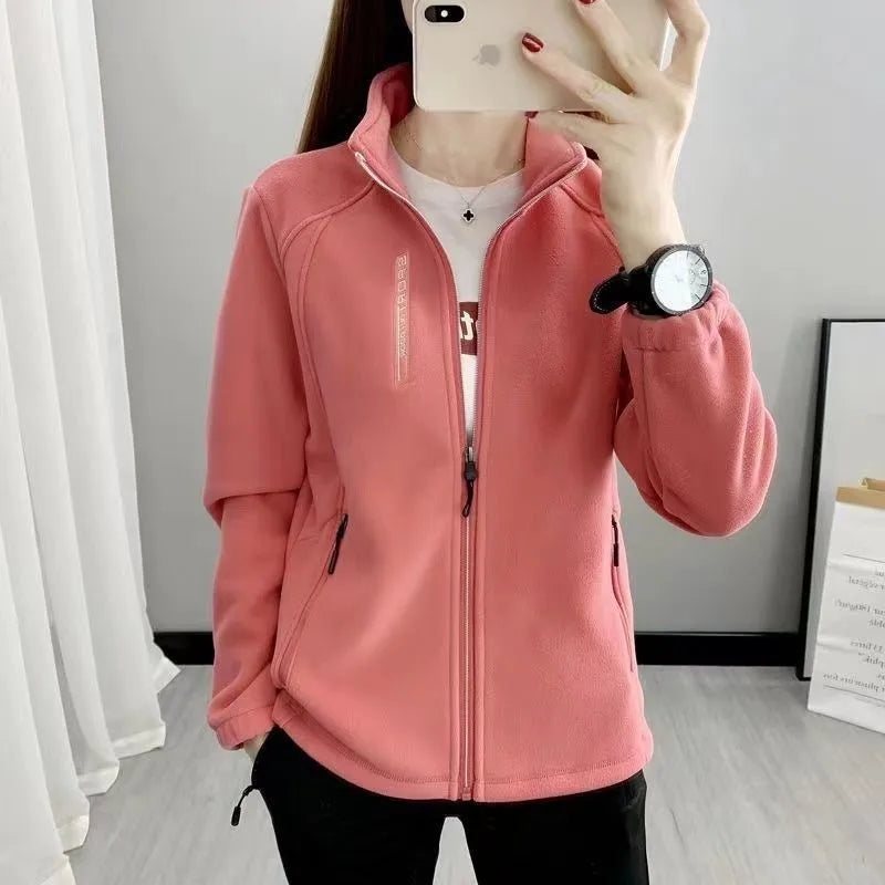 Jaqueta Feminina de Outono Inverno de Lã Grossa para Esportes ao Ar Livre Gola Alta Cardigã de Moletom Suave Pelúcia Quente
