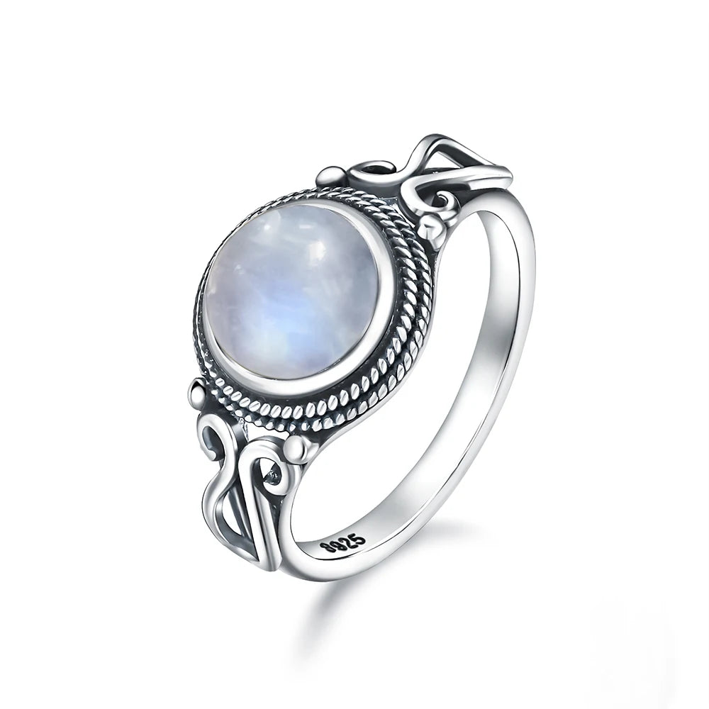 Anel Vintage de Prata Esterlina 925 com Pedra Labradorita Natural Redonda de 8MM Forte Brilho Anel de Pedra Preciosa Presente para Mulheres e Homens
