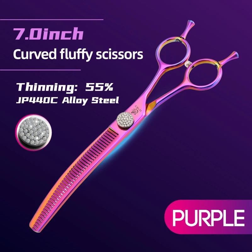 Tesoura de Grooming Fenice com Parafuso de Diamante 7.25 Polegadas Profissional Curva Chunker Tesoura de Desbaste para Pet Beautician