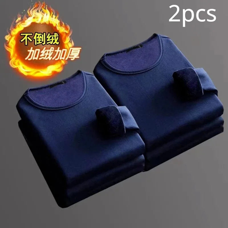 2 Peças Cueca Masculina Inverno Camiseta Térmica de Manga Comprida Acolchoada de Veludo Gola Redonda Cor Sólida Blusa de Baixo Fina