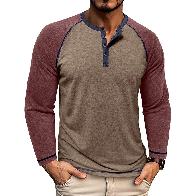 Nova Camiseta Masculina de Manga Raglan com Gola Henry de Manga Longa Outono e Inverno Estilo Europeu e Americano