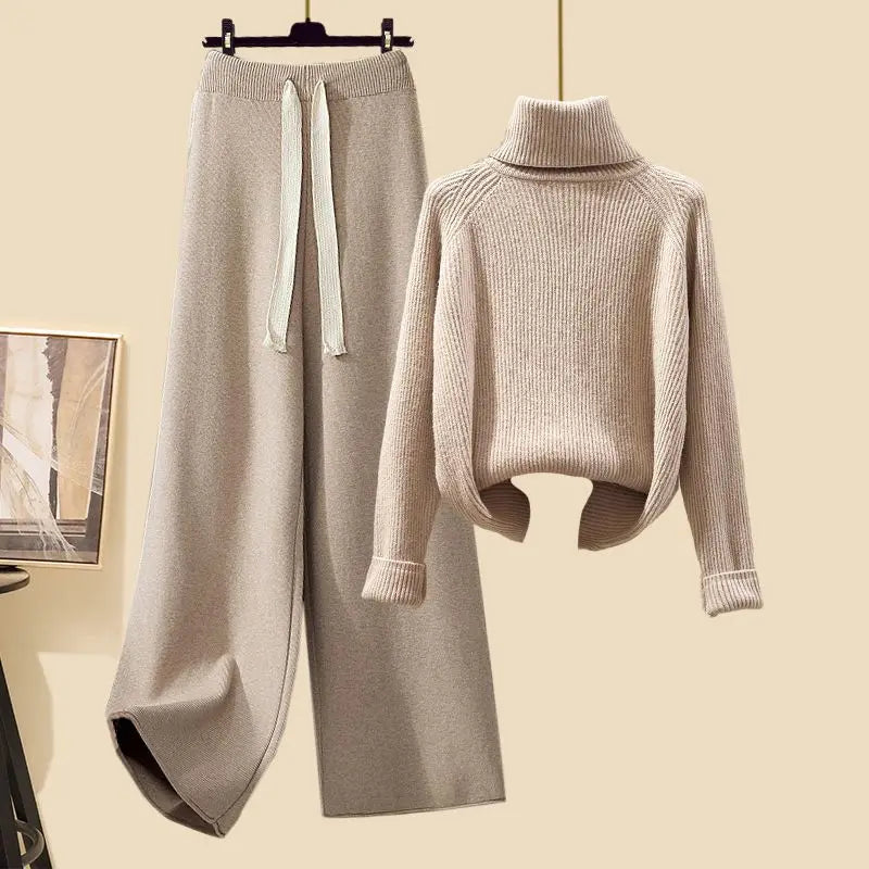 Conjunto Feminino de Tricô Moda Três Peças Outono Novo Estilo Preguiçoso Cardigã Aberto Calças Wide Leg Slim